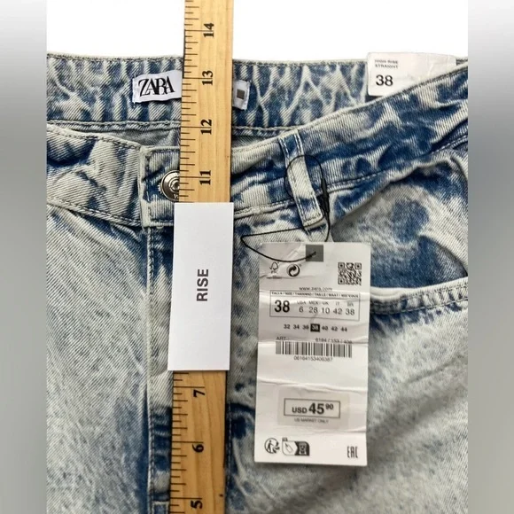 NWT ZARA Jeans Women Sz 6 High Rise Straight Leg Fringe Raw Hem Blue Denim Pants - Picture 5 of 9